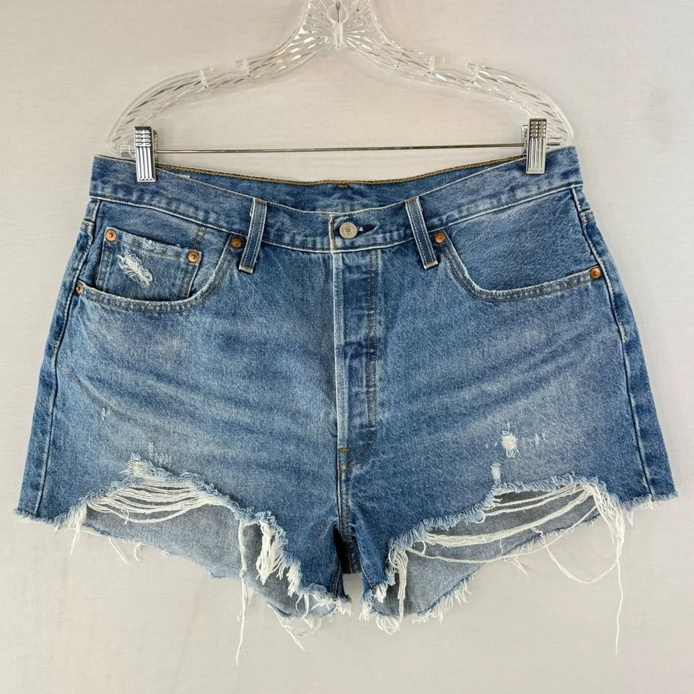 Levi's Premium 501 Blue High Rise Distressed Jean Short Cutoff Shorts NWOT